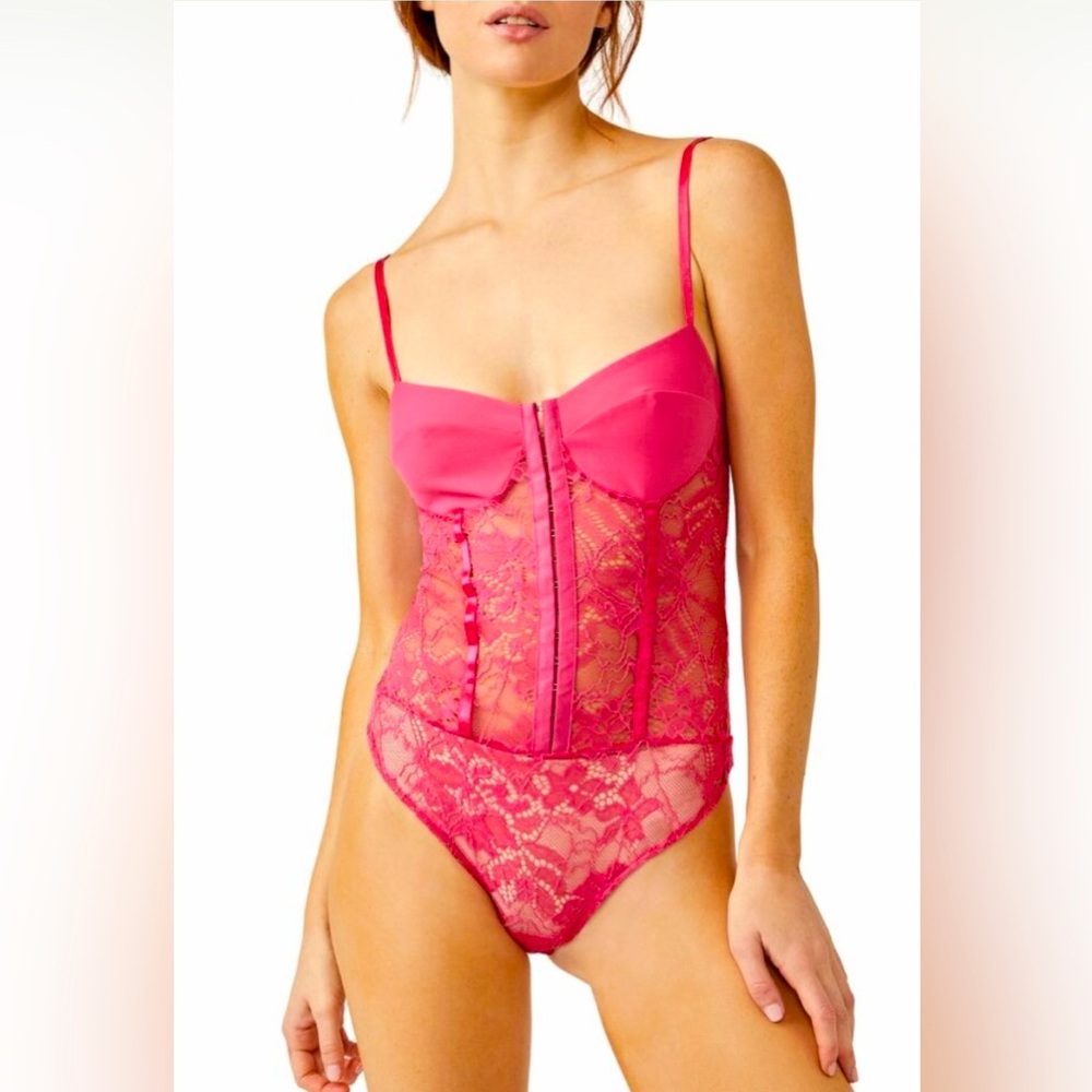 Free People Intimately Lace Night Rhythm Bodysuit in Raspberry Sorbet XS NWT